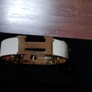 White and Gold "H" Hinged Bracelet
